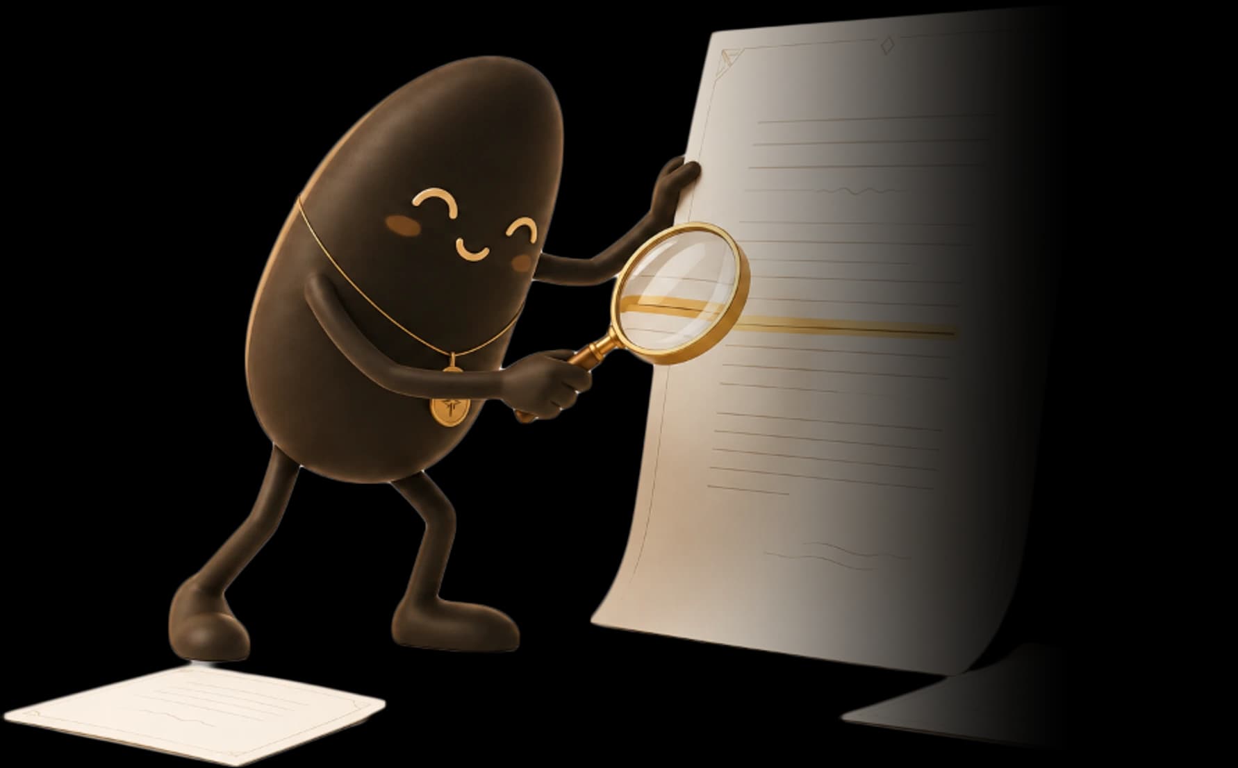 Cléa character inspecting a real estate document with magnifying glass and visual audit